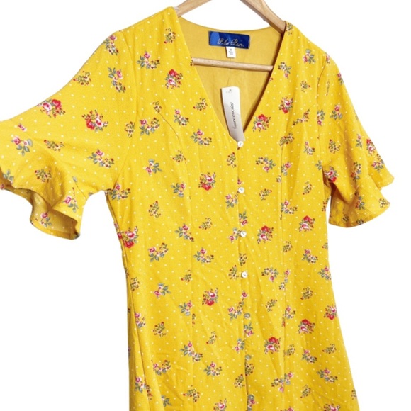 New with Tag Women's Francesca's Blue Rain Yellow Polka Dot Floral Mini Dress - Picture 6 of 16